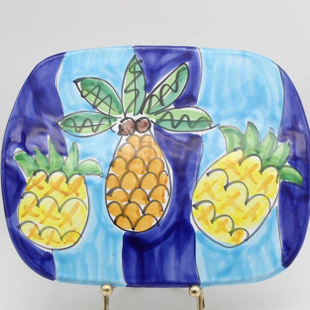 Italian Pottery Trivet La Musa Ceramic Pineapples & Palm Tree Hand Painted VTG